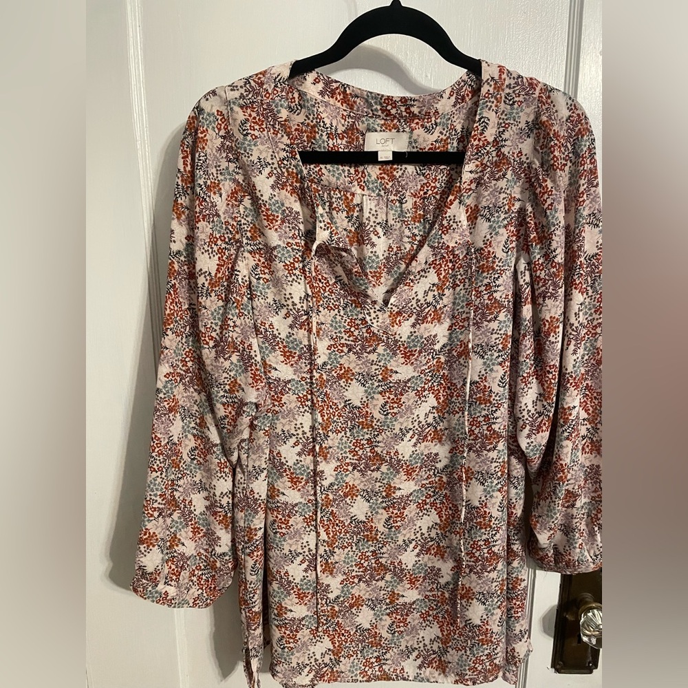 LOFT Women's Cream Floral Tie-Front Blouse with Rust & Purple Accents
